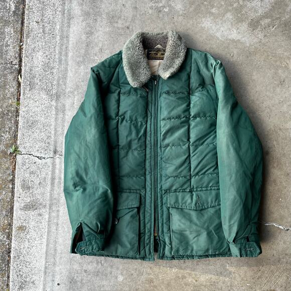 VINTAGE EDDIE BAUER GOOSE DOWN PUFFER COAT JACKET GREEN FITS MEDIUM 70S 80S FUR - Picture 1 of 5